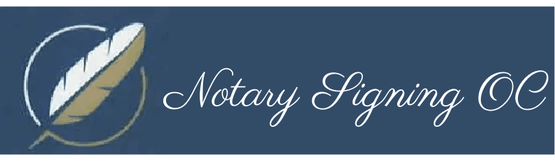 Notary Signing OC logo with quill on blue background