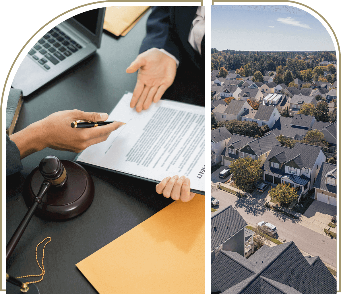 Legal document signing and aerial neighborhood view.