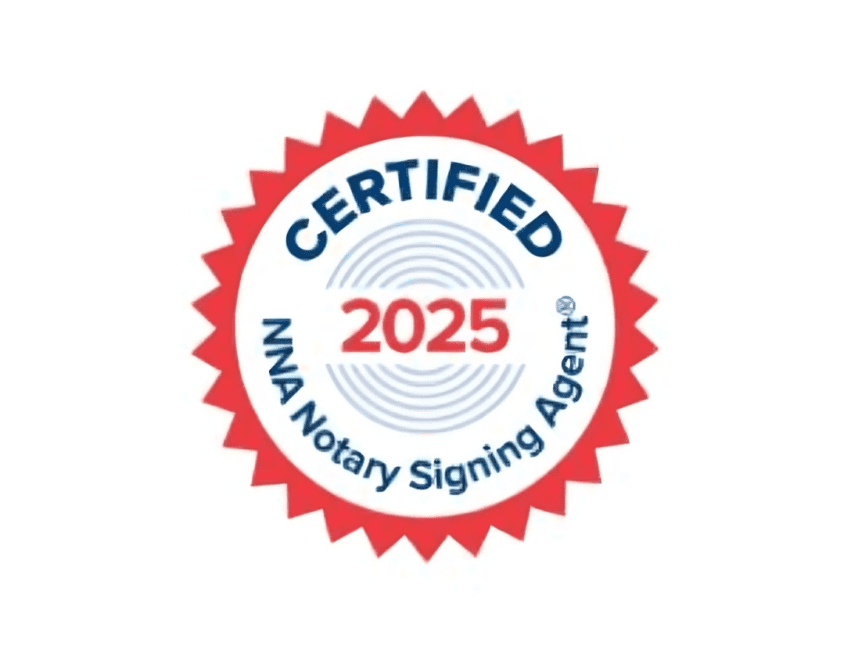 Certified 2025 NNA Notary Signing Agent badge in red and blue