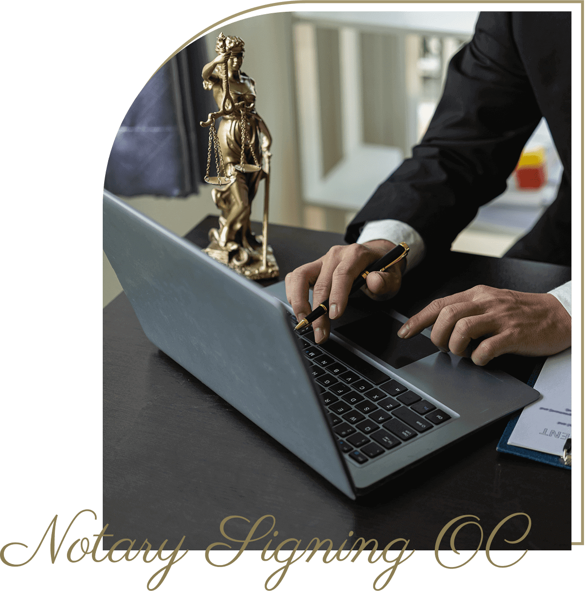 A professional performs an estate document notarization on paper.